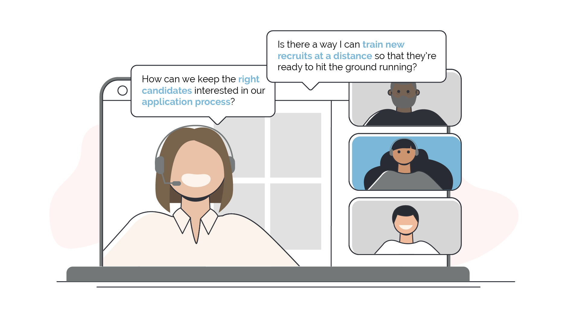 Illustration showing a laptop featuring employee speaking with colleagues over a virtual call